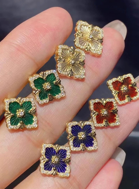 布吉拉提opera歌剧院四叶草耳钉18K金镶钻白贝母耳环复古珐琅耳坠