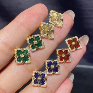 布吉拉提opera歌剧院四叶草耳钉18K金镶钻白贝母耳环复古珐琅耳坠