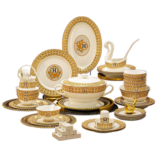 方形骨瓷餐具北欧高档奢华送礼套碗盘组合欧式陶瓷器碗碟套装家用