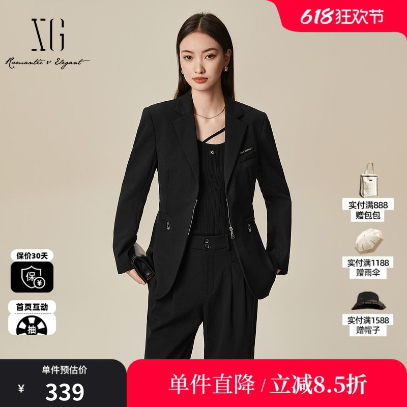 XG/雪歌XL107030A390黑色休闲西装2025秋季新款绵羊毛长袖外套女