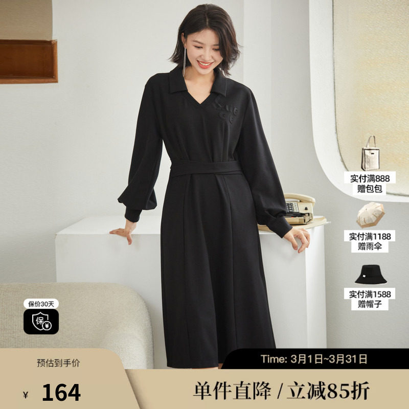 XG/雪歌XJ304617A890黑色长袖连衣裙时尚秋季新款高腰中长A字裙女