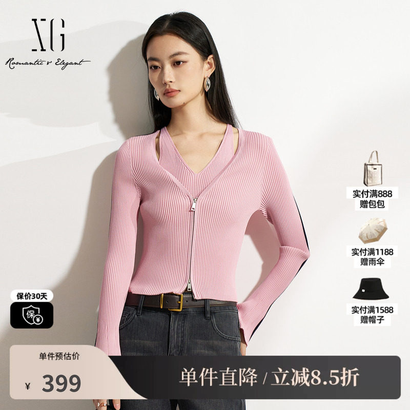XG/雪歌XK111503A816 黑粉色假两件针织衫修身显瘦套头长袖毛衣女