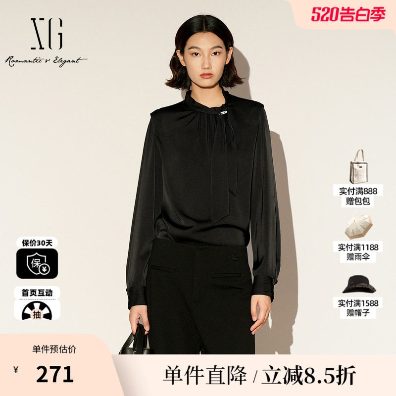 XG/雪歌XL121007A190黑色立领长袖衬衫2026春季新款飘带上衣女装