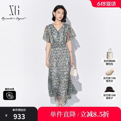 XG/雪歌XL204054BE93 碎花V领飞袖连衣裙松紧高腰A字薄款长裙女装