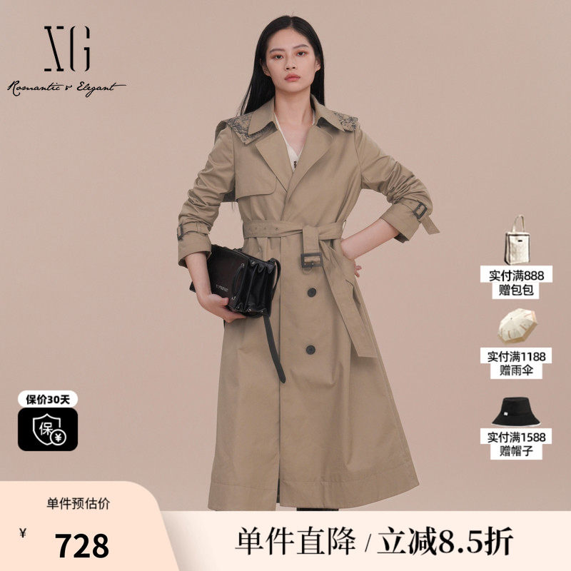 XG雪歌XK108006A273卡其色棉感风衣2025春季新款淑女风长款外套女