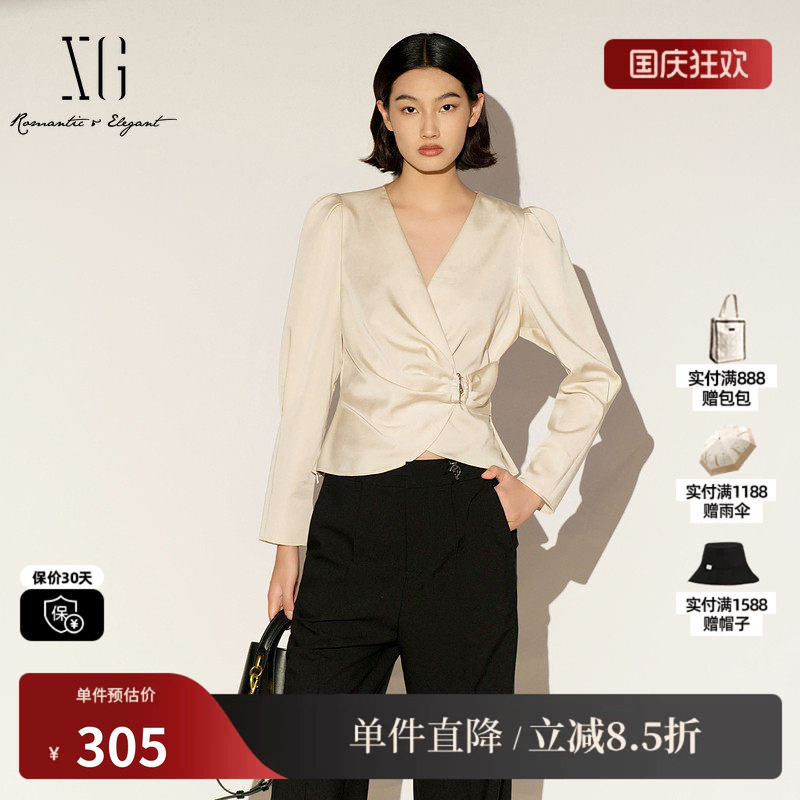 XG/雪歌XL121002A460米色莱赛尔V领长袖衬衫套头收腰淑女短上衣女