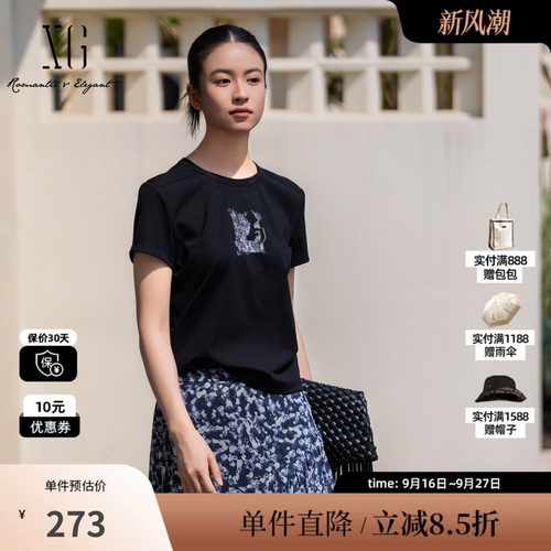 XG/雪歌XL201025A490黑色莱赛尔圆领短袖T恤薄印花正肩休闲上衣女