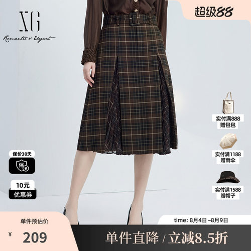 XG/雪歌XJ303017B395格纹高腰半身裙时尚秋季新款百褶开叉A字裙女