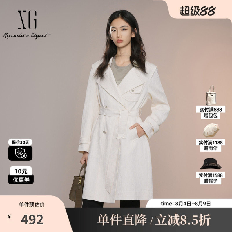 XG雪歌XK308013A491米白色中长款风衣2025秋季新款翻领长袖外套女