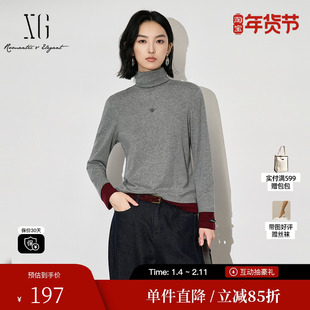 XG/雪歌XL401619A884撞色拼接长袖T恤2025冬季新款绵羊毛上衣女装