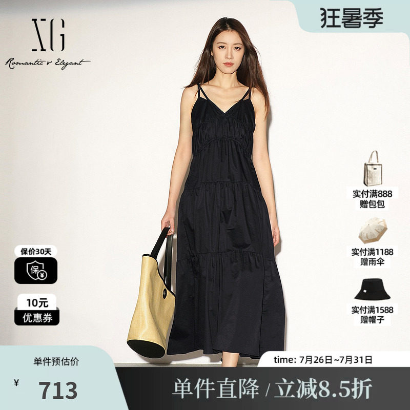 XG/雪歌XL204044A990黑色纯棉吊带连衣裙松紧高腰薄款无袖A字裙女