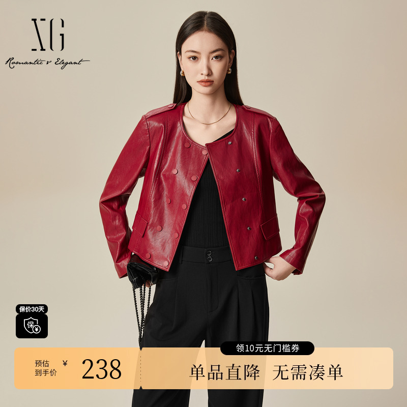 XG雪歌XJ107010A113红色长袖短外套时尚冬季新款街头风皮质外套女