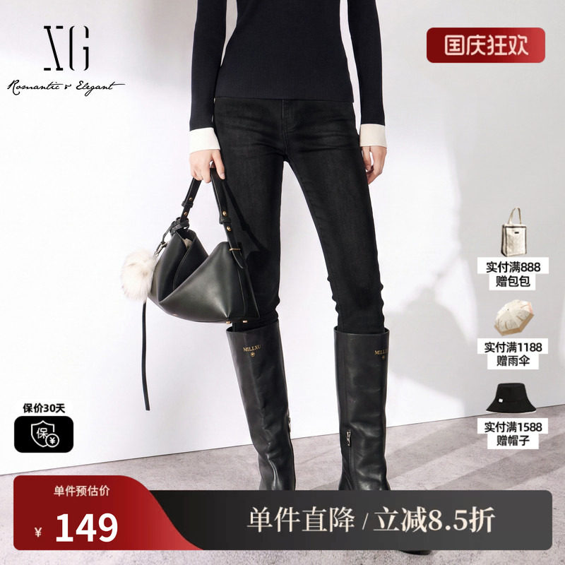 XG/雪歌 XJ412810A890黑色棉感修身直筒牛仔裤通勤休闲铅笔长裤女