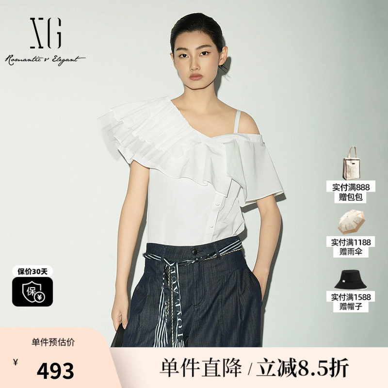 XG/雪歌XL221022A351 白色斜领飞袖衬衫收腰荷叶边露肩短袖上衣女