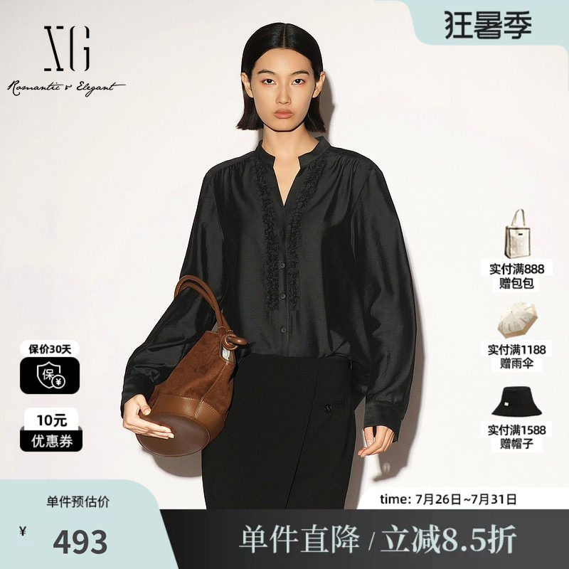 XG/雪歌XL321004A490黑色莫代尔V领立体捏褶长袖衬衫直筒休闲女装