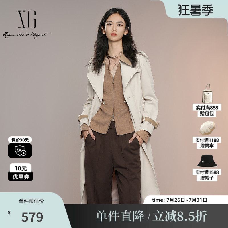 XG雪歌XK308004A460浅米色中长款风衣2025秋季新款长袖翻领外套女