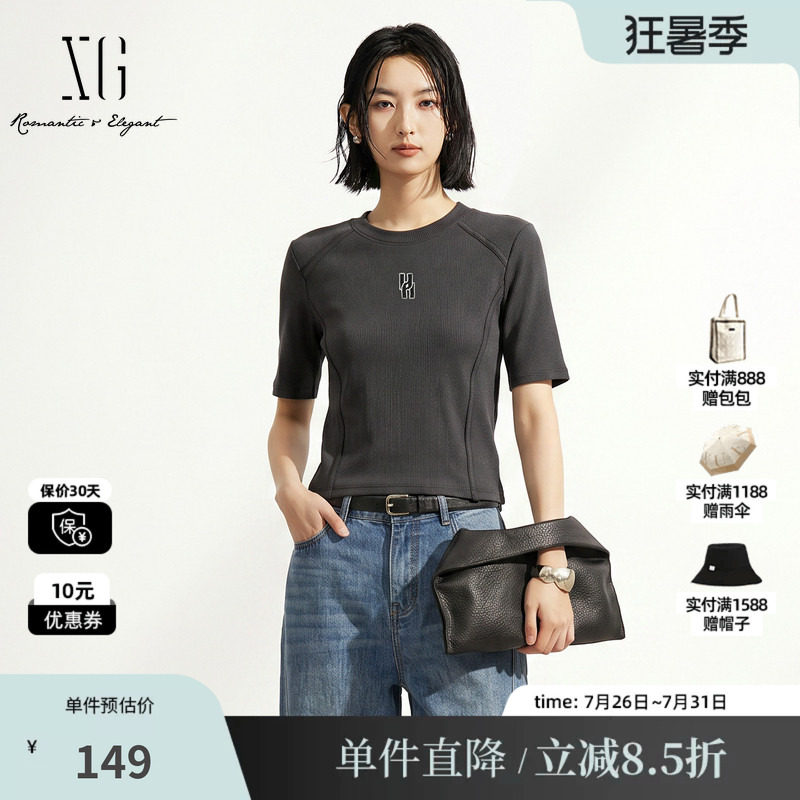 XG/雪歌XK301692A883深灰色正肩修身坑条短袖T恤通勤简约休闲女装