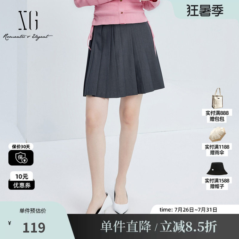 XG/雪歌XJ303002A282灰色百褶半身裙时尚秋季新款标签设计短裙女