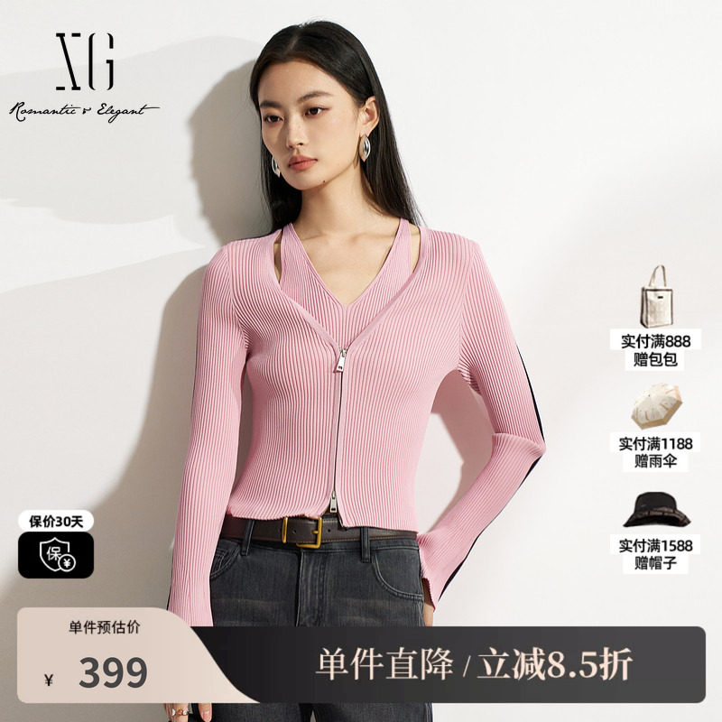 XG/雪歌XK111503A816 黑粉色假两件针织衫修身显瘦套头长袖毛衣女