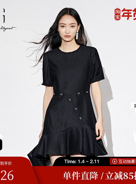 XG/雪歌XJ304006A290黑色短袖连衣裙2025秋季新款荷叶边短裙女装