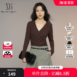 XG雪歌XK301007A572深咖色长袖T恤2025秋季新款V领设计薄款上衣女
