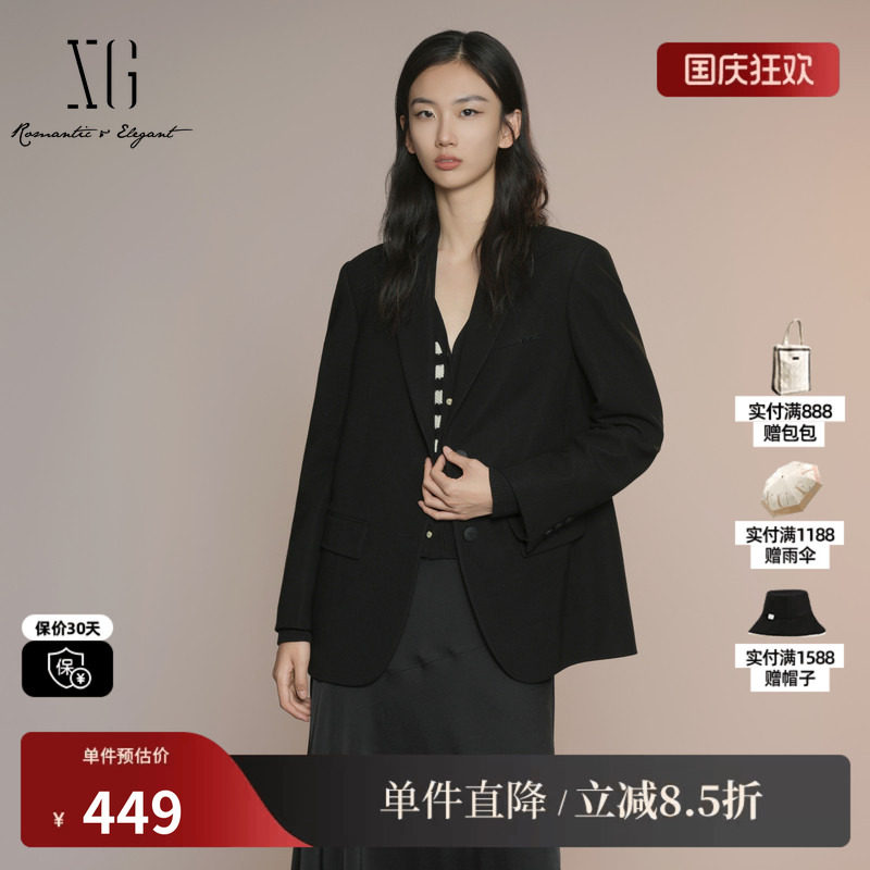 XG雪歌XK307025A690黑色长袖休闲西装2025秋季新款挺括西装外套女