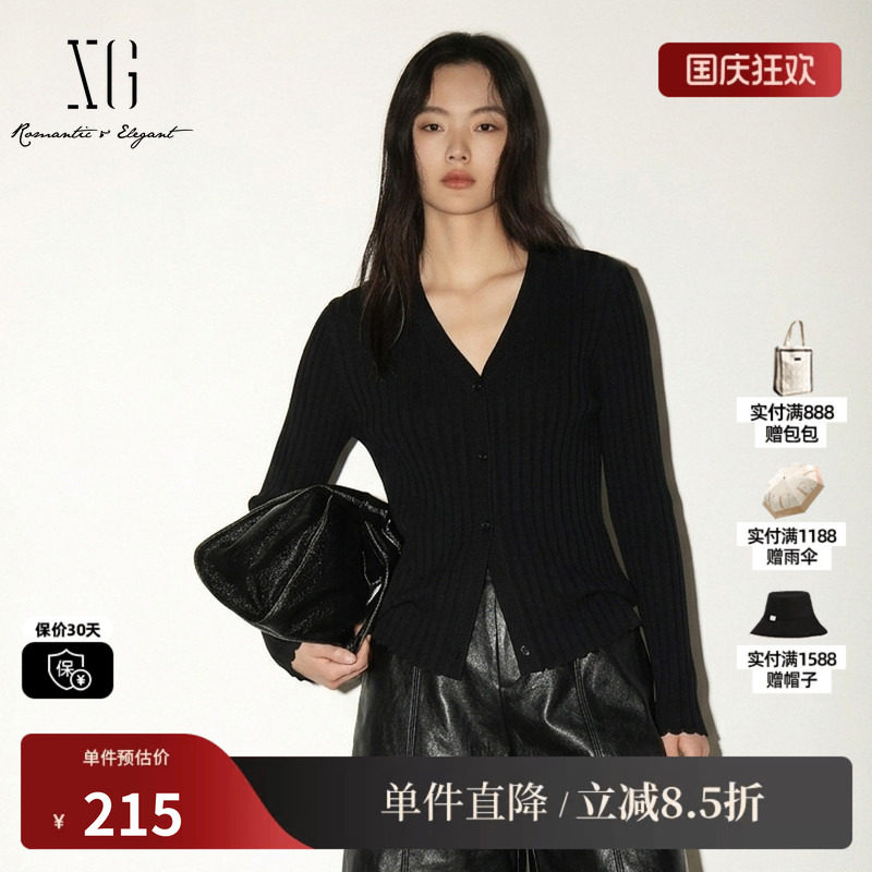 XG/雪歌XM411817A890黑色羊毛混纺V领开叉修身针织开衫简约毛衣女