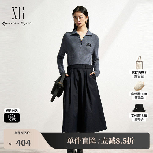 XG/雪歌XK111013B290假两件连衣裙2025春季新款黑色长袖A字裙女装