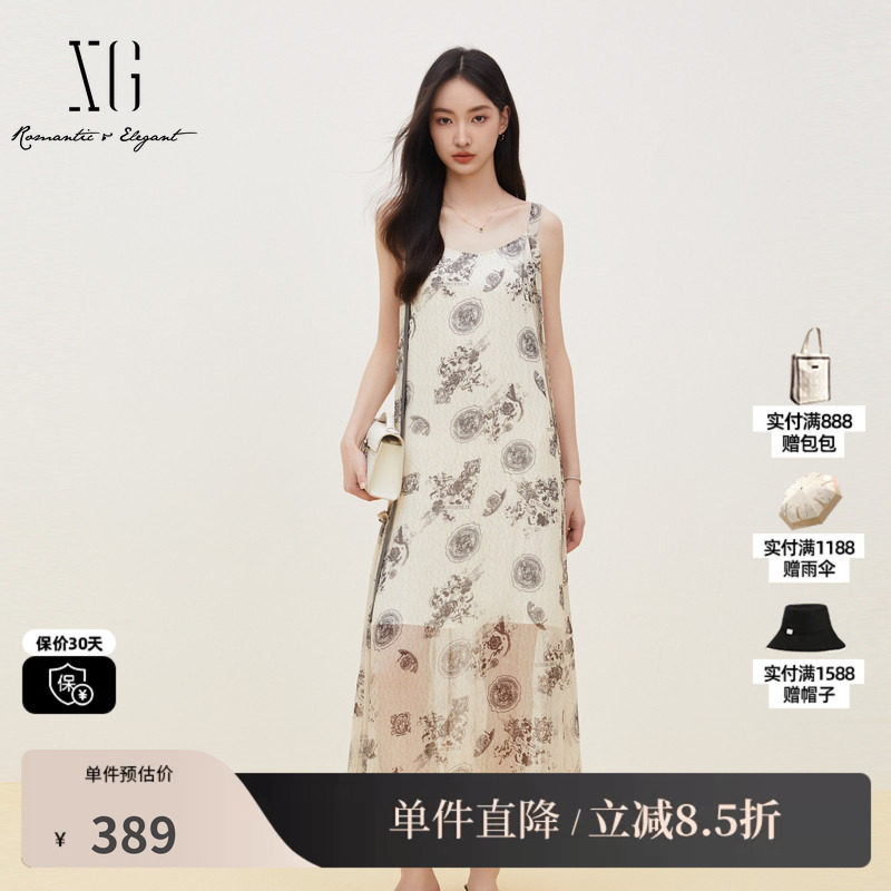 XG/雪歌XK204103B997字母花版无袖背心连衣裙H型直筒显瘦长半裙女