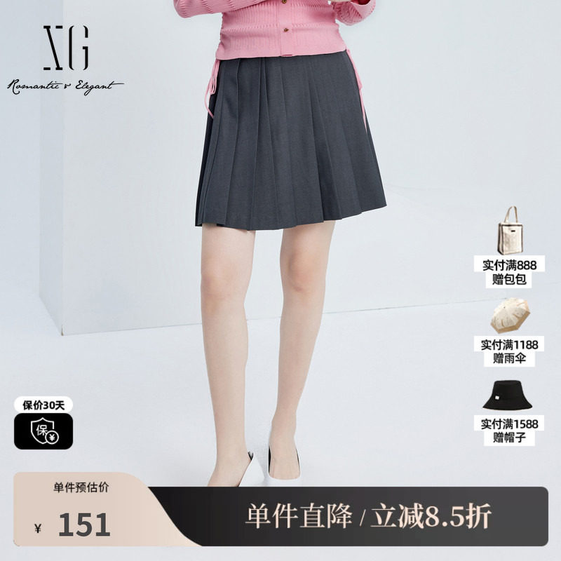 XG/雪歌XJ303002A282灰色百褶半身裙时尚秋季新款标签设计短裙女