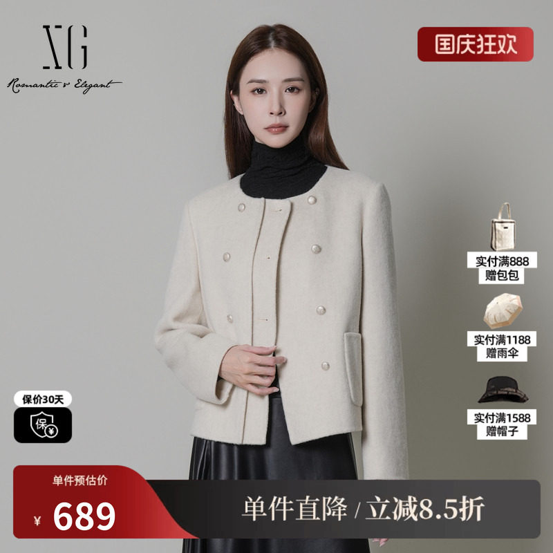 XG/雪歌 XK410036A991米白色100%绵羊毛圆领短款毛呢外套大衣女装