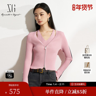 XG/雪歌XK111503A816 黑粉色假两件针织衫修身显瘦套头长袖毛衣女