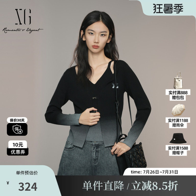 XG/雪歌XK311041B490 渐变假两件长袖毛针织衫感显瘦黑色毛衫女装