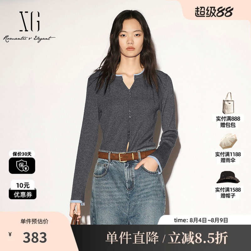XG/雪歌 XL311013A483深灰色羊毛混纺撞色圆领长袖针织衫毛衣女装