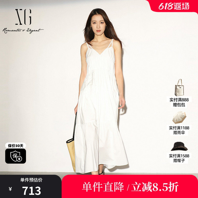 XG/雪歌XL204043A951白色纯棉吊带连衣裙高腰薄款气质A字长裙女装