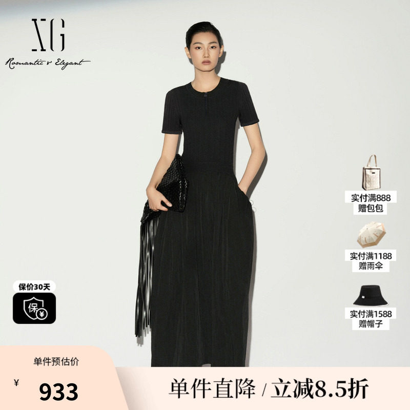 XG/雪歌XL204011A190黑色假两件短袖连衣裙圆领修身针织A字伞裙女