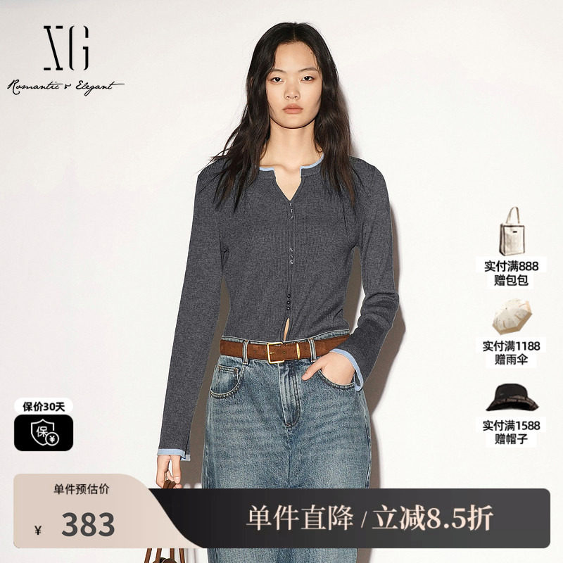 XG/雪歌 XL311013A483深灰色羊毛混纺撞色圆领长袖针织衫毛衣女装