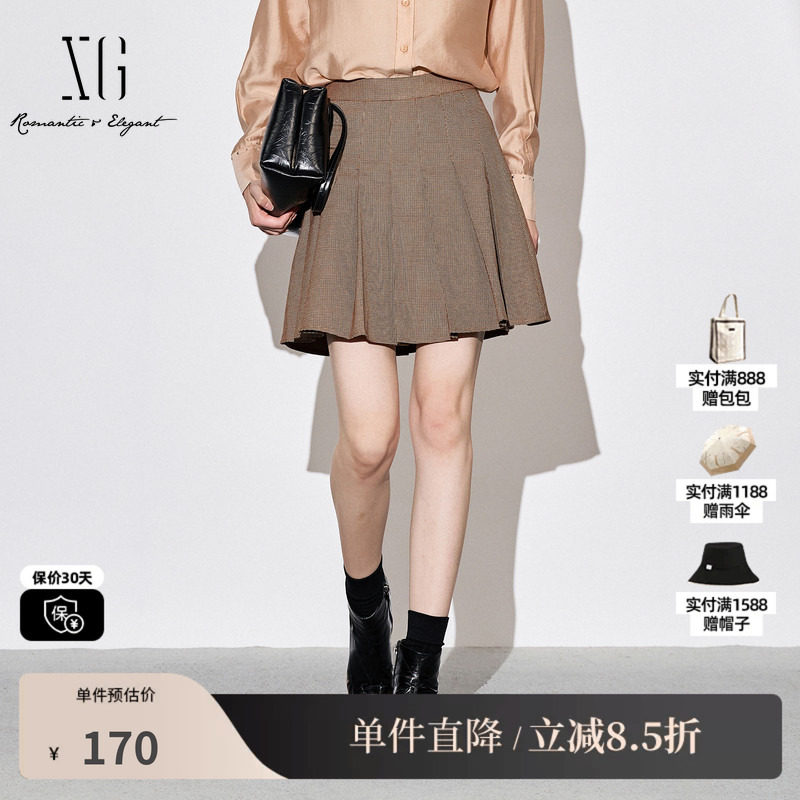 XG雪歌XJ303023B695复古格纹半身裙时尚秋季新款通勤短款百褶裙女