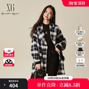 XG/雪歌XJ410036B495 黑白格纹毛呢外套中长款通勤羊毛混纺大衣女