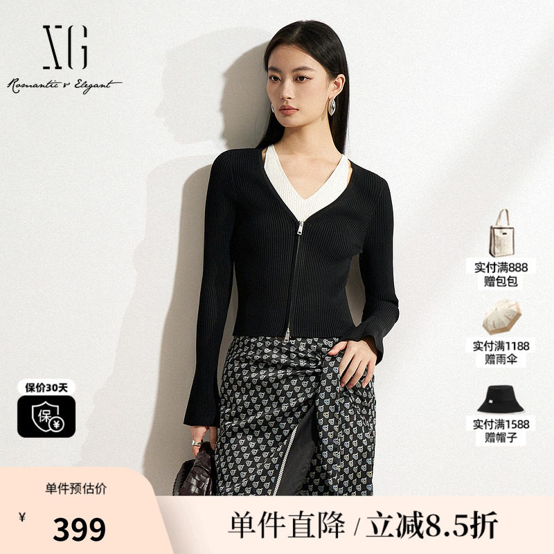 XG/雪歌XK111502A890 黑白色假两件针织衫修身显瘦套头长袖毛衣女