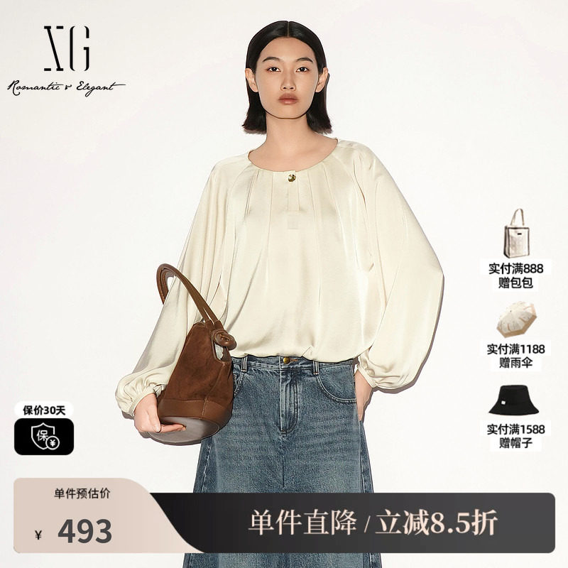 XG/雪歌 XL321027A351米白色缎面圆领长袖衬衫气质高级泡泡袖女装