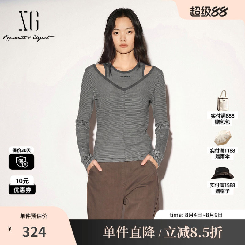 XG/雪歌XK301687B899灰色细条纹假两件长袖T恤修身镂空内搭上衣女