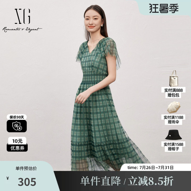 XG/雪歌XJ204059B695格纹网纱连衣裙时尚夏季新款高腰短袖长裙女
