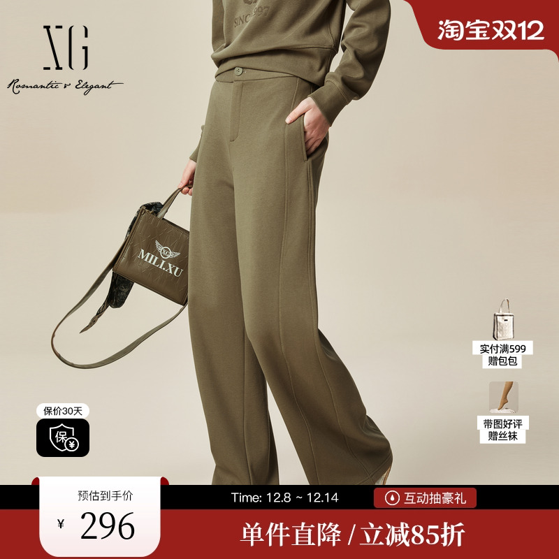 XG/雪歌XK402033A943军绿色休闲裤2025冬季新款宽松厚款直筒裤女
