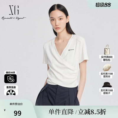 XG/雪歌XJ201011A251交叉褶皱白色T恤2025夏季新款V领短袖上衣女