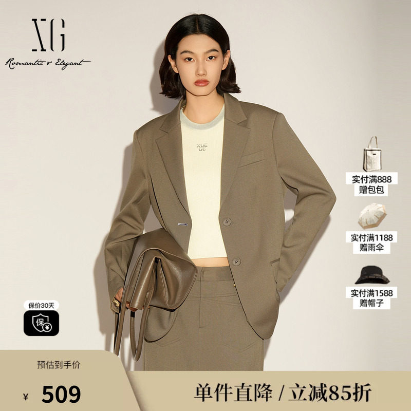 XG/雪歌XL107006A285 青茶羊毛混纺休闲西装通勤风简约长袖外套女