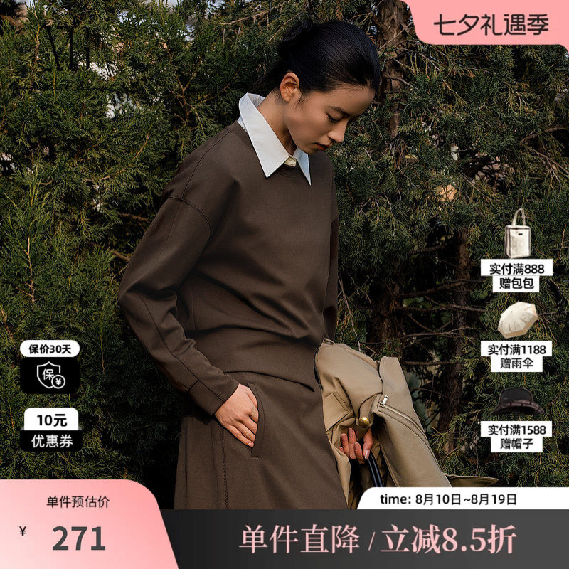 XG/雪歌XL101015A209圆领套头短款卫衣拉链开叉落肩直筒长袖T女装