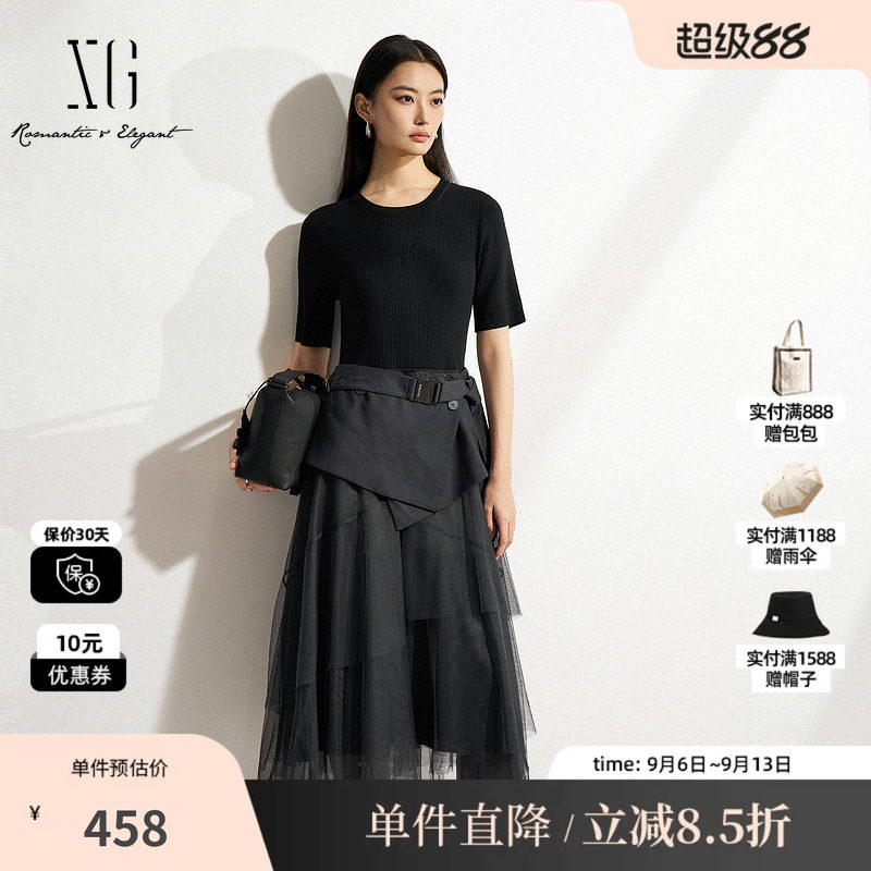 XG/雪歌XK104012B683假两件短袖连衣裙2025春季新款网纱中长裙女