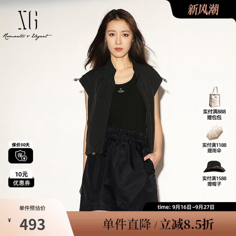 XG/雪歌XL224007A990 黑色直筒工装风口袋马甲薄户外马夹外套女装