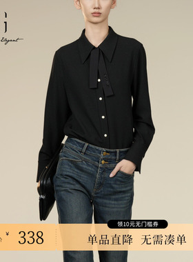 XG/雪歌XK421008A590黑色长袖衬衫2025冬季新款飘带领厚款上衣女